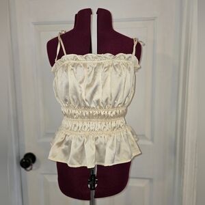 Mi Ami Cream Satin Cami Tie Ruffle Peplum Top